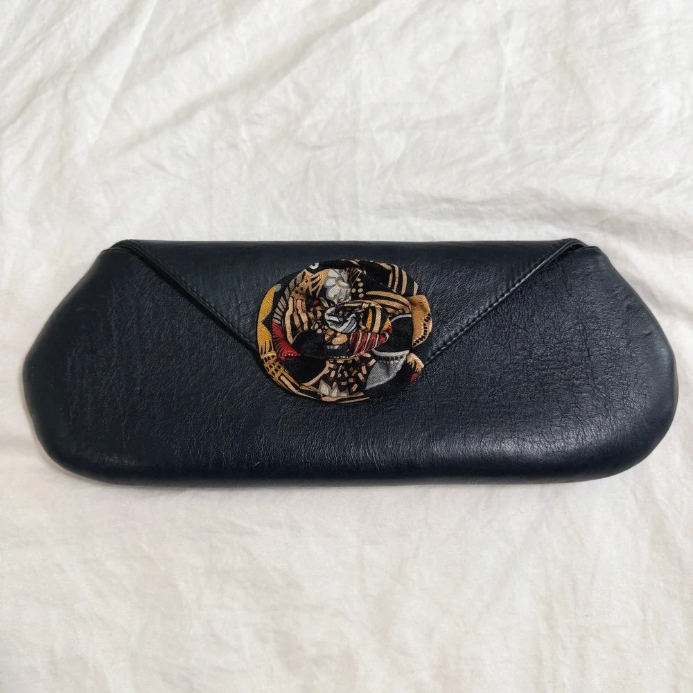 Pineda‎ Covalin Black Leather Envelope Clutch Bag Rosette Accent